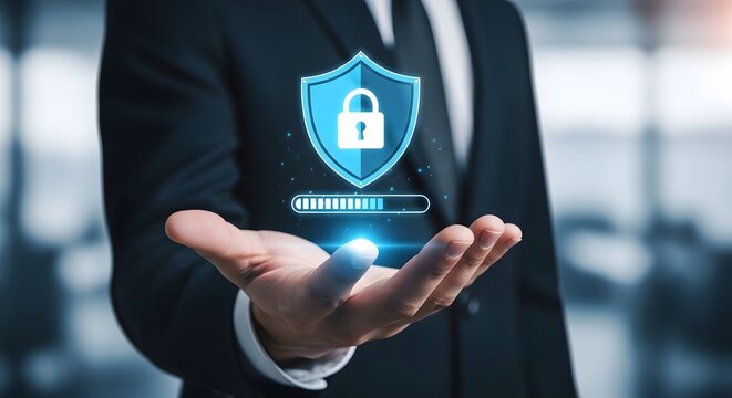 business professional holding digital security shield in 4k cinematic footage