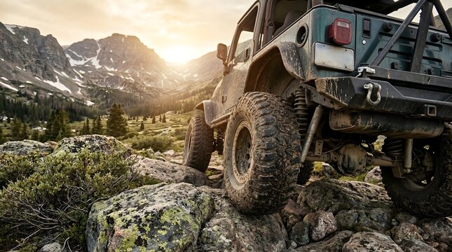 Rugged off road vehicle climbs steep mountain terrain at sunset with majestic peaks and alpine valley landscape background showing adventure travel and extreme four wheel drive exploration activities