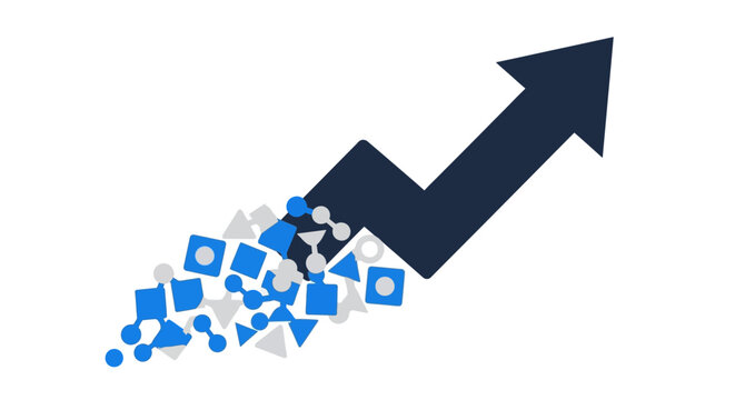 Minimalist flat vector illustration of upward growth arrow driven by geometric data blocks for business analytics and financial forecasting concept