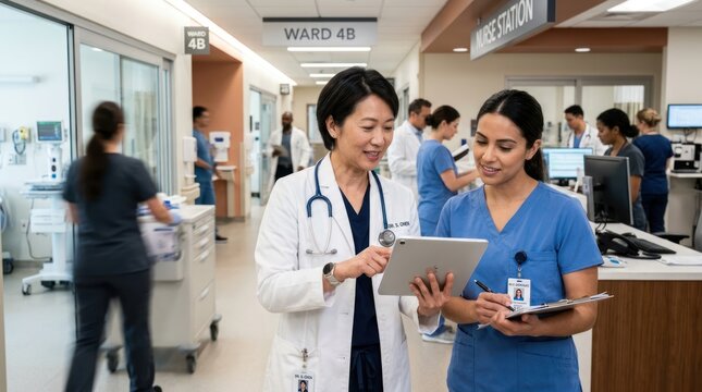 Two medical professionals reviewing information on a tablet in a hospital hallway