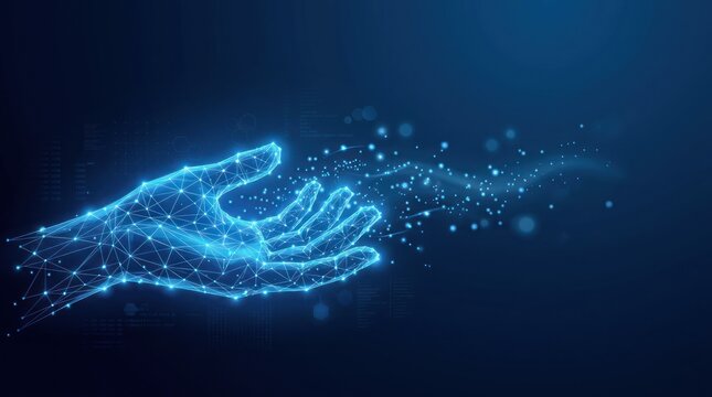 A digital wireframe hand reaching out with glowing particles on a dark blue background