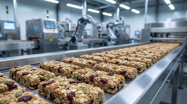 Industrial automated production line for granola bars with oats nuts and berries moves through food processing factory facility using high tech machinery and robotic arms for packaging and quality