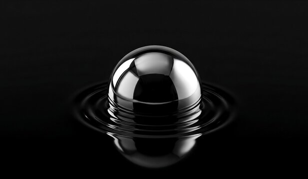 Liquid chrome sphere submerged in glossy black liquid surface misso balance v43