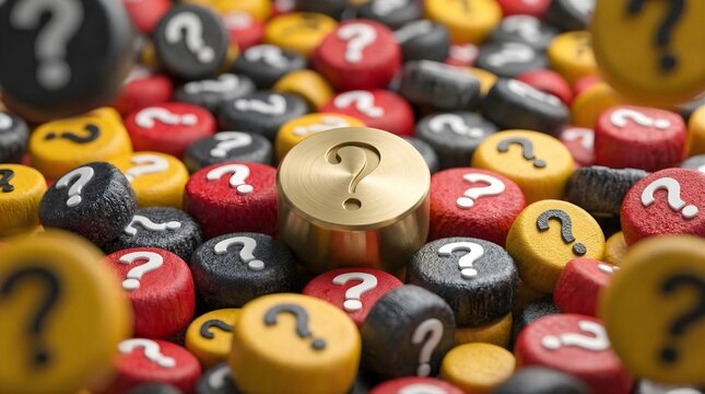 Gold circular block with question mark symbol standing out among numerous colorful red yellow and black wooden pieces featuring white interrogation marks in shallow depth of field macro photography