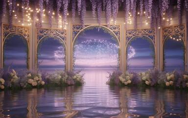 Fototapeta premium Dreamy Lavender and Gold Enchanted Garden Wedding Stage with Floral Triptych Arch, Glowing Lake Backdrop, Cascading Wisteria and Magical Fairy Light Ambiance