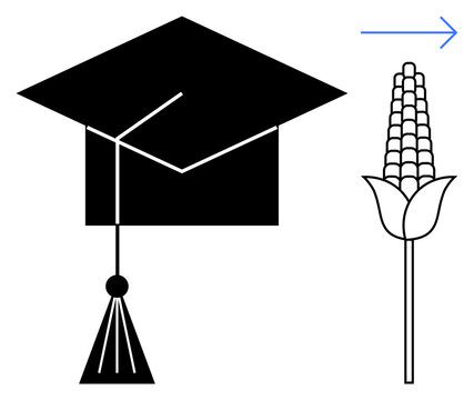Education, agriculture, innovation, sustainability, rural development, future growth. Graduation cap next to corn with arrow. Education and agriculture integration concept emphasizing innovation