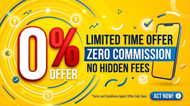 Yellow promotional banner for zero percent commission offer with smartphone icon and financial symbols highlighting limited time deal for new users seeking zero hidden fees in online trading platform