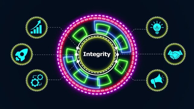 Dynamic integrity concept animation for business presentation with vibrant neon glow, modern infographic elements.