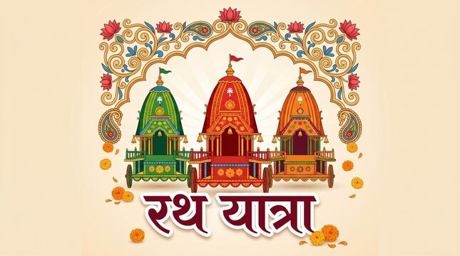 Rath yatra temple chariot illustration with traditional architecture and floral decoration in radiant background