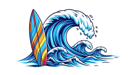 Colorful surfboard standing upright ocean wave. © nurfa