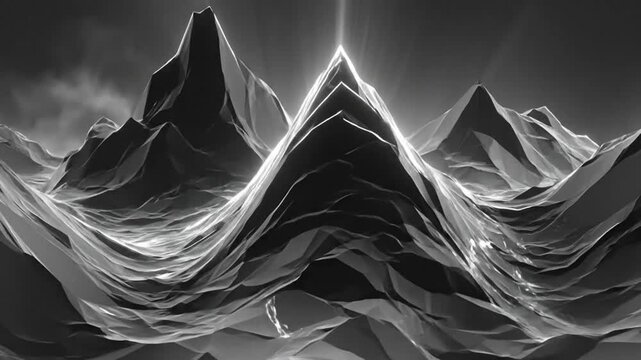 Abstract monochrome landscape with sharp mountains, illuminated with bright light, reflecting the natural world