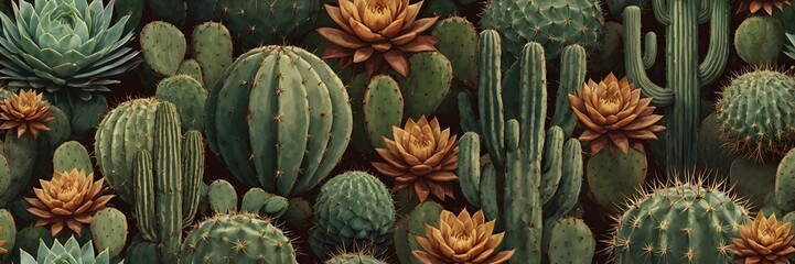 Variety of Green Cacti and Succulents with Yellow Flowers in Desert Garden