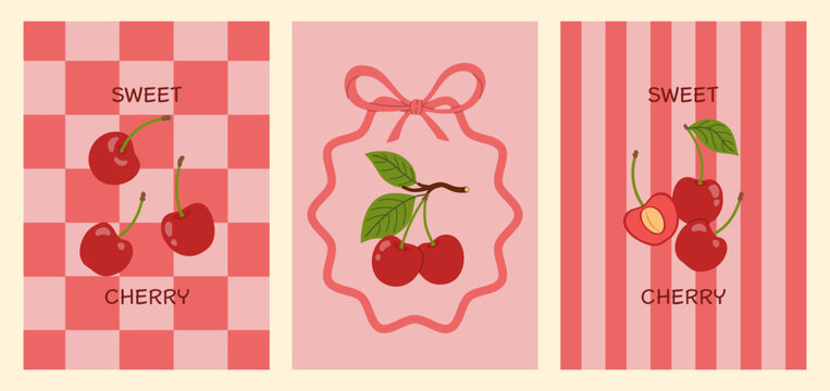 Cherry fruit posters set with leaves and stem on checker and striped background. Fruits composition for cards and kitchen decor. Flat vector illustration.