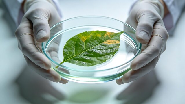 Scientist holding leaf in petri dish