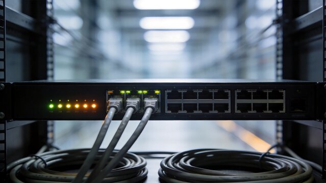 Network switch with cables in server room