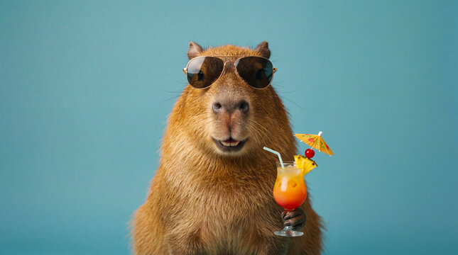 Ein Capybara tr&auml;gt Sonnenbrillen und h&auml;lt ein Cocktailglas mit einem bunten Drink, garniert mit einer kleinen Regenschirm-Dekoration. 