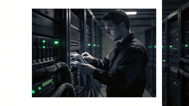 Man working on server cables in data center