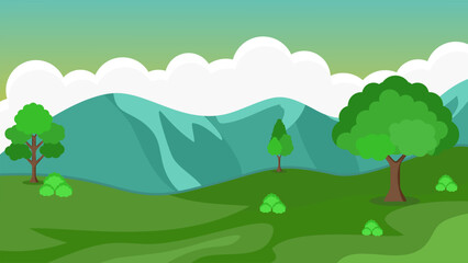 Obraz premium Beautiful Nature Landscape with Mountains, River and Forest, Minimalist Scenic View Vector Illustration for Background, Travel Poster and Outdoor Design