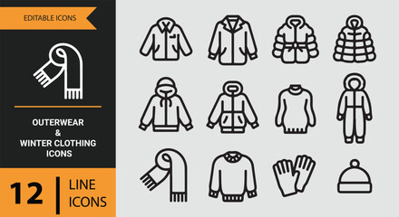Outerwear winter clothing outline icons set for seasonal fashion design © MdMasudRana
