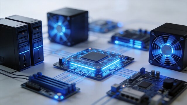 Computer hardware components with blue lighting