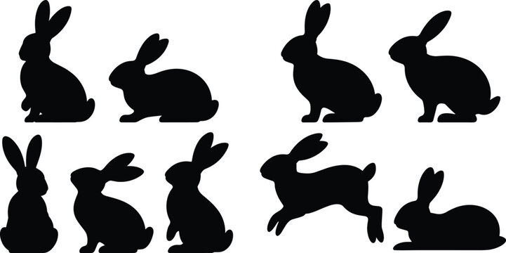 Rabbit silhouette set with various poses isolated black bunny icons collection for design and illustration