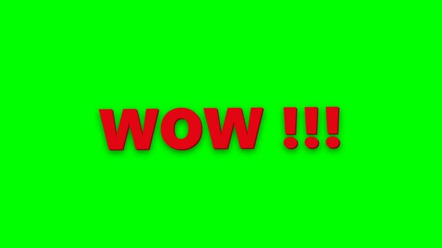 Red three dimensional text saying WOW shrinking against a chroma key green background for video editing