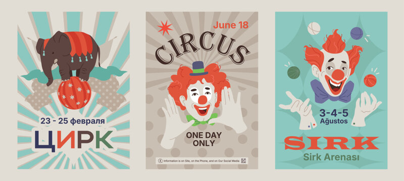 Circus banners design set. Modern cirque aesthetic templates with words in English, Turkish, and Russian. Vertical vectors.eps