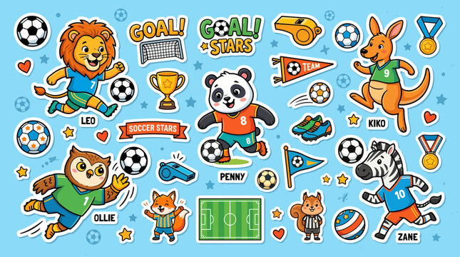 Cute animal mascots playfully celebrate a soccer sticker set with fun