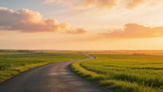 Winding road through green fields at sunset