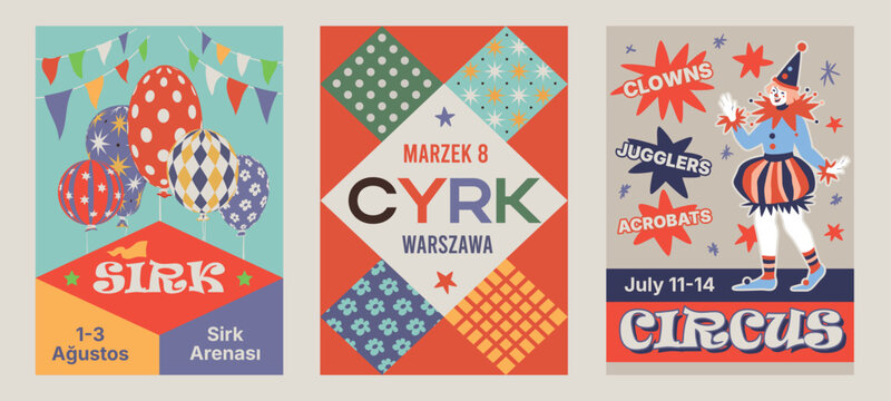 Circus placard design set. Modern festival aesthetic templates with words in Turkish, English, and Polish. Vertical vectors