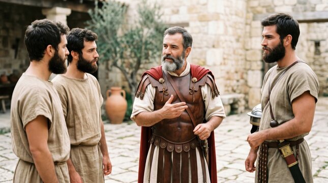 Centurion Cornelius gives instructions to his servants and a soldier before sending them to Joppa to find Apostle Peter. Biblical scene from Acts of the Apostles in Jerusalem history.