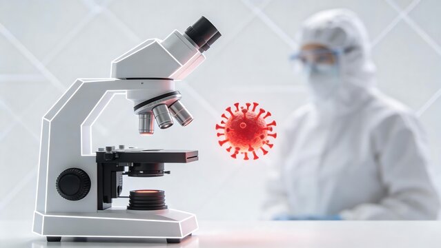 Scientist studying virus under microscope