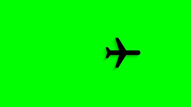 Black airplane icon flying across green screen background for chroma key video editing and travel production