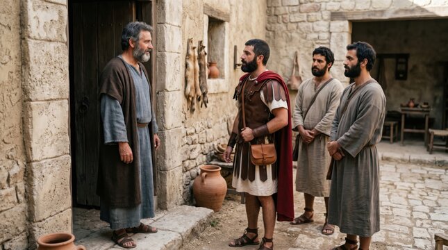 Apostle Peter talking with a Roman centurion and servants. Ancient biblical scene depicting men in historical tunics and military armor. Scripture narrative from Acts of the Apostles.