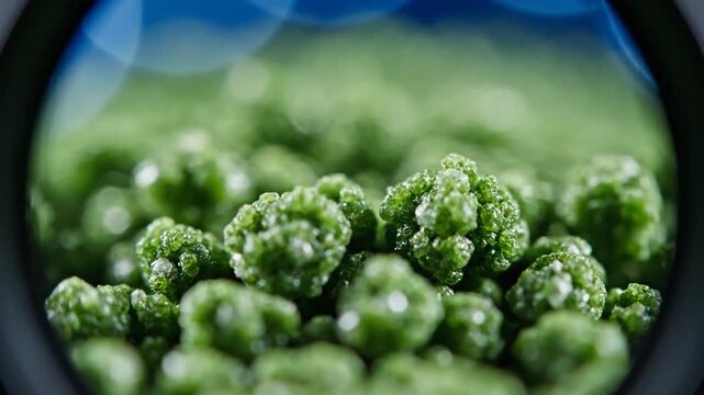 Close up macro view of green cannabis buds under a magnifying glass.