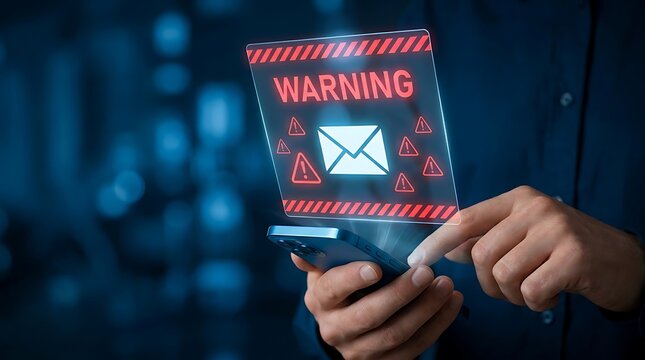 Smartphone user receiving a high priority security alert for suspicious electronic mail with glowing red danger icons and holographic display