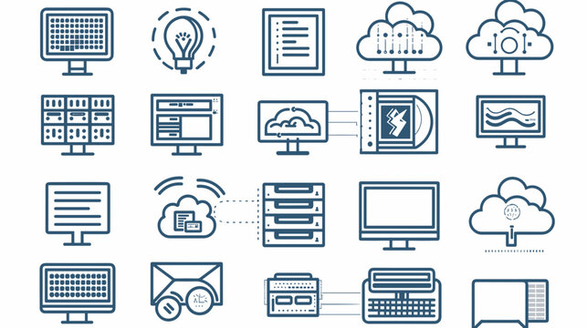 Collection of Computer Icons Representing Data Storage, Network Infrastructure, and Cloud Computing