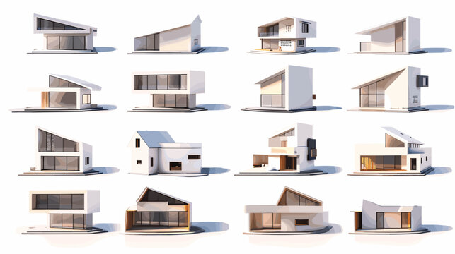 Collection of Contemporary Architectural Designs Featuring Diverse Geometric Structures in White