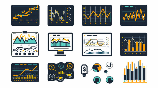 Collection of Digital Financial Data Visualization Screens with Various Graphs and Charts