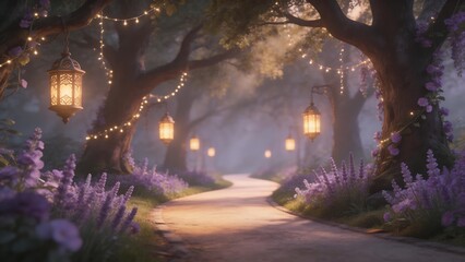 Fototapeta premium Lanternlit path with purple flowers