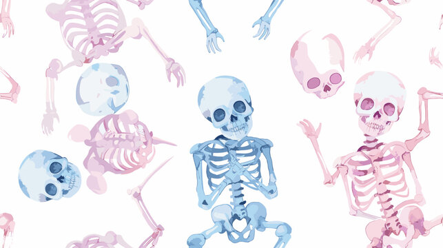 Colorful and Playful Skeleton Pattern Illustration in Shades of Blue and Pink on White Background