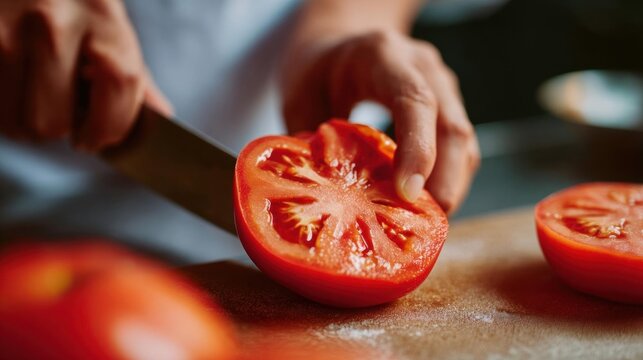 Person's hands holding a knife and slicing a tomato on a wooden cutting board. the person is using the knife to slice the tomato into thin slices.