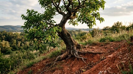 Obraz premium Old mulberry tree gripping red eroded hillside soil with exposed roots, dark textured trunk, green canopy, dry grasses, distant valley view and rugged countryside resilience in warm afternoon light