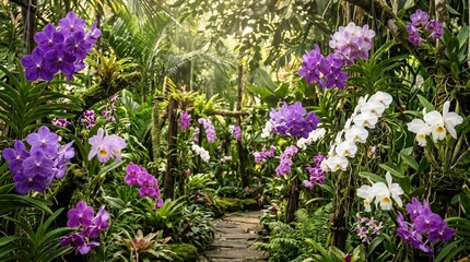 Obraz premium A tropical summer garden filled with exotic orchids in purple and white