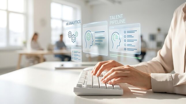 Digital transformation in HR featuring holographic recruitment tools and data charts for efficient talent acquisition and professional management
