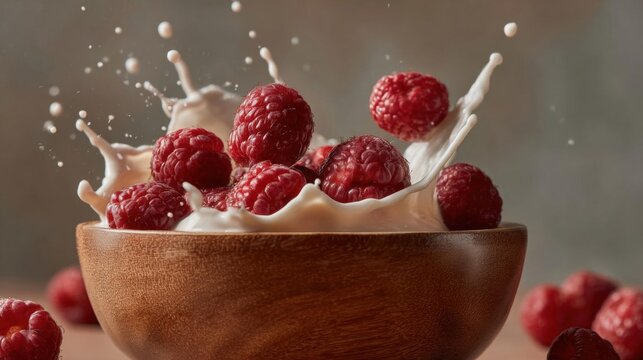 Wooden bowl filled with fresh raspberries. the bowl is placed on a wooden surface and there are more rasp berries scattered around it.