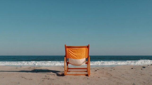 Wooden deck chair on a sandy beach with the ocean in the background. the chair is orange in color and has a white cushion on it.