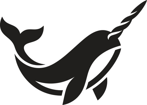 Black narwhal, whale, sea creature, ocean animal, vector illustration