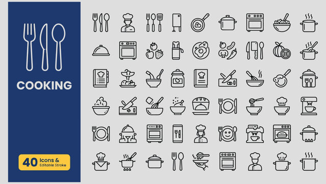 Cooking web icons in line style. Frying pan, fork, knife, recipe book, microwave, collection. Vector illustration.

