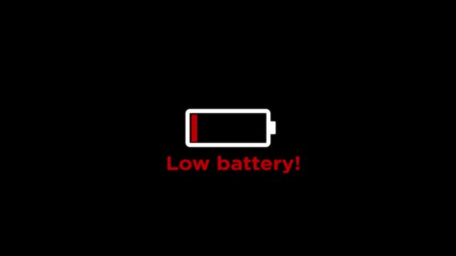 Animation featuring a low battery text icon against a black background, ideal for digital and tech-themed projects.